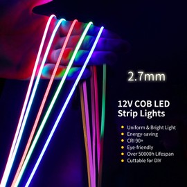 Fosingut Ice Blue COB LED Strip 5m/16.4ft,12V 2.7 mm LED Tape Light for Bedroom,480LED/m CRI90+ Flexible Under Cabinet Kitchen Light for TV,Game Room,Wardrobe,Home DIY Lighting(Only COB Strip Light)