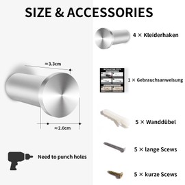 Feligio Coat Hooks Stainless Steel, Pack of 4 Clothes Hooks with 30 kg, Towel Hooks for Drilling for Kitchen, Bathroom and Study ‎Silver