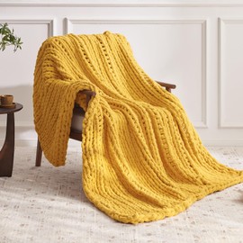 Negwoo Chunky Knit Throw Blanket, 50''*60'' Knitted Throw Blankets for Bed Couch, Handmade Thick Yellow Crochet Blanket Big Thich Blanket, Machine Washable Cute Comfy Blanket for Home Decor