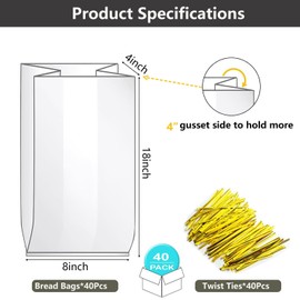 Bread Loaf Packing Bags with Ties, Printed Large Bakery Homemade Bread Plastic Bags, 8” x 4” x 18”,40 Pack, Printed Container Reusable Adjustable