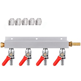 MRbrew Gas Manifold, CO2 Gas Distributor, 5/16'' Barb Fitting Beer Kegerator Splitter, 4-Way Air Distributor with Integrated Check Valves & Hose Clamps