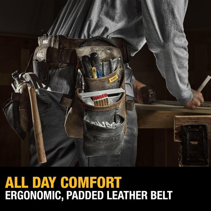 DEWALT Leather Tool Belt Organizer with 18 Pockets, Heavy Duty