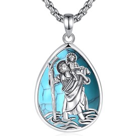 EUDORA St Christopher Medal Saint Christopher Turquoise Necklace for Men Women S925 Sterling Silver, Mens St. Christopher Necklaces Amulet Pendant Religious Jewelry Gifts for Womens Men,20+2inch