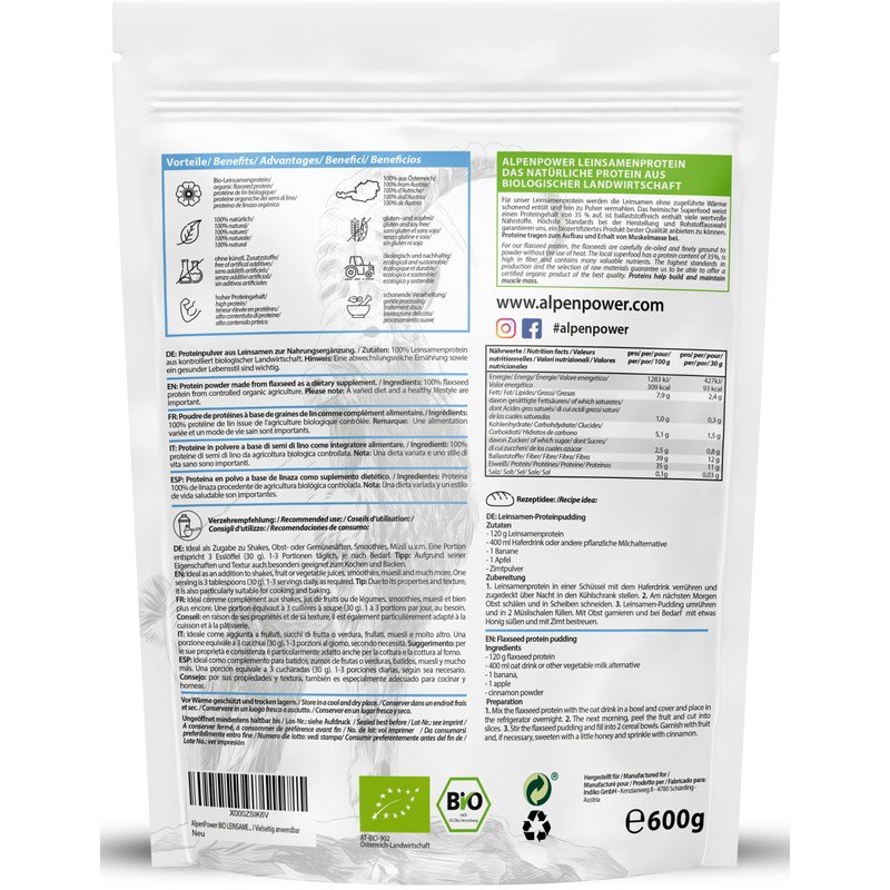 AlpenPower Organic Linseed Protein 600 g - 100% Pure &