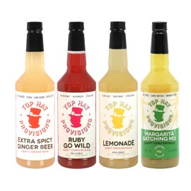 Top Hat Holiday Christmas Party Combo Gift Set - Home Bar Mixology Cocktail Mixer 4 pack - Extra Spicy Ginger Syrup, Lemonade Concentrate, Agave Margarita Batching Mix & Ruby Go Wild - 4 Pack of 32oz Bottles