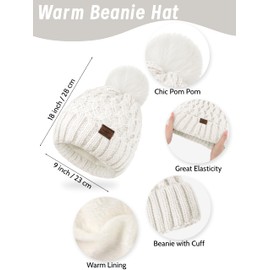 URATOT Women Winter Beanie Hat Scarf Gloves Ear Warmer 4 in 1 Set Beanie Pompom Hat Touchscreen Gloves Long Scarf Ear Warmer White