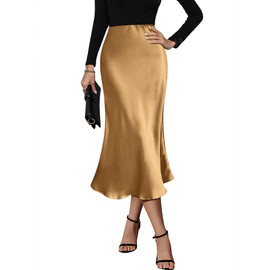 Zeagoo Womens Silk Midi Skirts Satin High Waist Zipper Skirt Elegant Silk Party Skirts Light Khaki X-Small