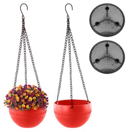 Drhomeam 2pcs Large Hanging Planters for Indoor Outdoor Plants, Hanging Flower Pots with Removable Tray and Chain for Garden Porch Plants, Round Plastic Hanging Baskets for House Plants (Red, Small)