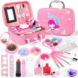 Uplayteck Juguete de Maquillaje para Niñas 20 Piezas, Cosmético Real Lavable No Tóxico con Espejo, Maletín y Bolsa de Princesa, Regalo de Cumpleaños y