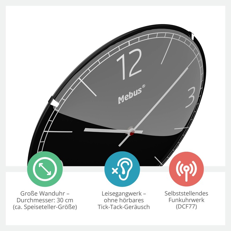 Mebus Radio Controlled Wall Clock Silent Dome Glass Frameless Black