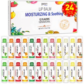 DMSKY 24 Pack Lip Balm, Natural Lip Balm Bulk with Vitamin E and Coconut Oil, Moisturizing Lip Balm for Chapped Lips, Bulk Lip Balm for Women-12 Flavors