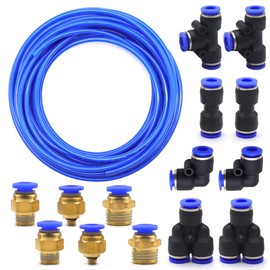 KtbeYTi 10 m PU Pneumatic Hose Outer 6 mm x Inner 4 mm Blue Air Hose Pneumatic Polyurethane with 14 Pneumatic Connectors Air Push Quick Couplings (Y/T/L/I Shaped)