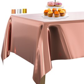 PartyWoo Rose Gold Foil Tablecloth, 54 x 108 Inch Rectangle Party Tablecloth, Foil Tablecloth for 6 to 8 Foot Table, Metallic Table Cover, Plastic Table Cloth, Waterproof for Birthday Wedding (1 PACK)