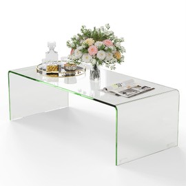 ReunionG Glass Coffee Table, Modern Clear Coffee Table with Rounded Edges, Transparent Tempered Glass Coffee Table, U-Shaped Side Table for Living Room Office, 42.5" x 20" x 14" (L x W x H)