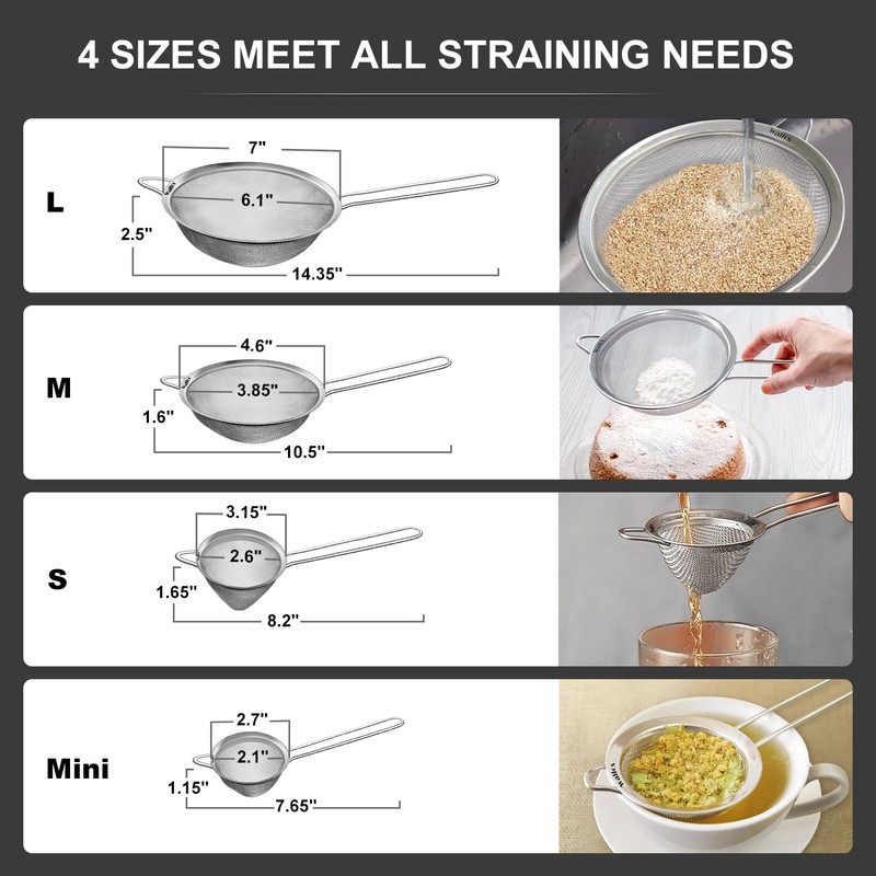 Walfos Fine Mesh Strainer 4PCS, Versatile Kitchen Strainer with Handle