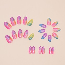 TBRZTR Almond Shaped Press on Nails Medium Length Colorful False Nails Cat Eye Fake Nails Glossy Acrylic Nails Full Cover Reusable Coffin Nails Stick on Nails for Women Supplies 24Pcs