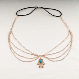 Inateannal Boho Layered Tassel head Chain Gold Hamsa Hand Hair Chain Headband Vintage Turquoise Pendant Headband Chain Prom Party Festival Head Chain Jewelry for Women and Girls