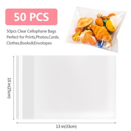 Docvania 50 pcs 10 X 13 Clear Resealable Cello Cellophane Bags Self Sealing Plastic Poly Bags for Candle,Soap,Gift,Prints,Photos,Cards