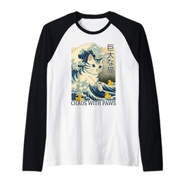 Great Wave Giant Cat Rubber Duckies Paws Funny Japanese Art Raglan Baseball Tee