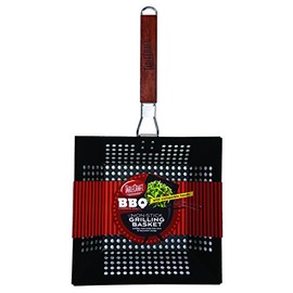 TableCraft BBQ Nonstick 21-Inch Square Grilling Basket with Wood Handle, Small, Black
