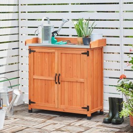 Topeakmart Potting Bench Table - Wooden Storage Cabinet with Removable Shelf & Flexible Space & Metal-Plated Tabletop for Outdoor Garden Patio,Brown