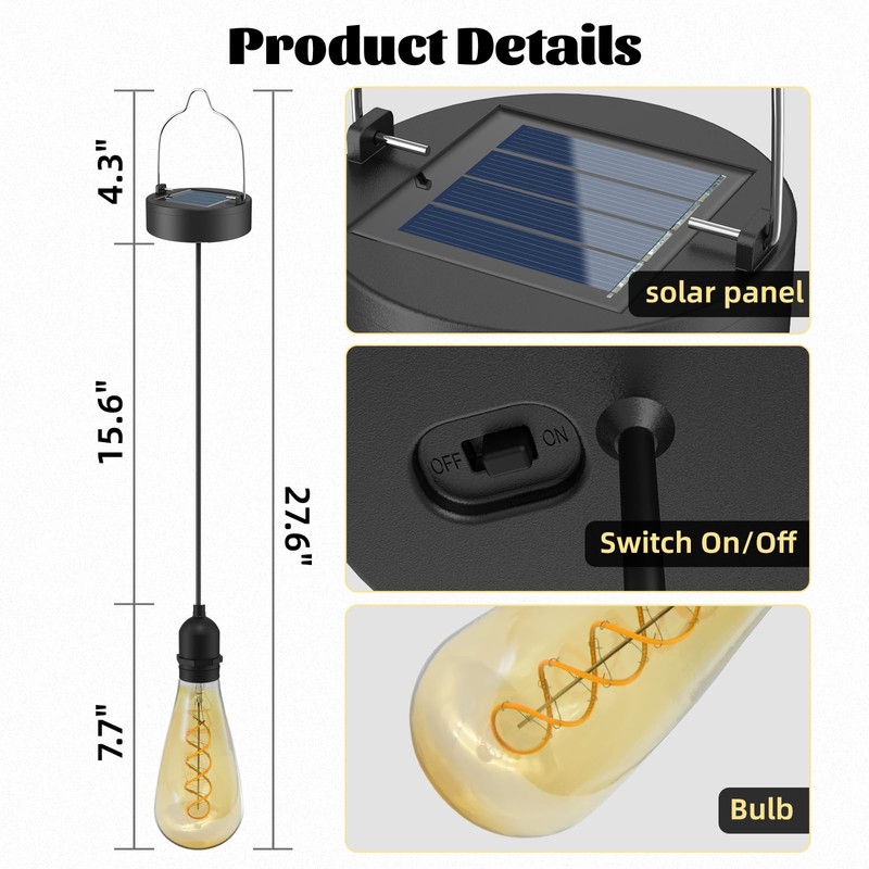 Solar-Powered Edison Hanging Lanterns – Vintage Amber Glass, IP65 Waterproof,