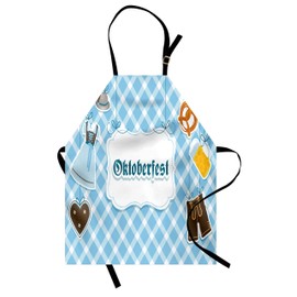 Lunarable Oktoberfest Apron, Oktoberfest Cultural Gatherings Fun Artwork with Dirndl Dress Hat and Flower, Unisex Kitchen Bib with Adjustable Neck for Cooking Gardening, Adult Size, Blue White