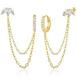 HZYKDWD Chain Earrings for Women - 925 Sterling Silver Gold Plated Trinity Cubic Zirconia Stud Double Piercing Dangle Chain Huggie Hoop Earring Jewelry Gifts for Women