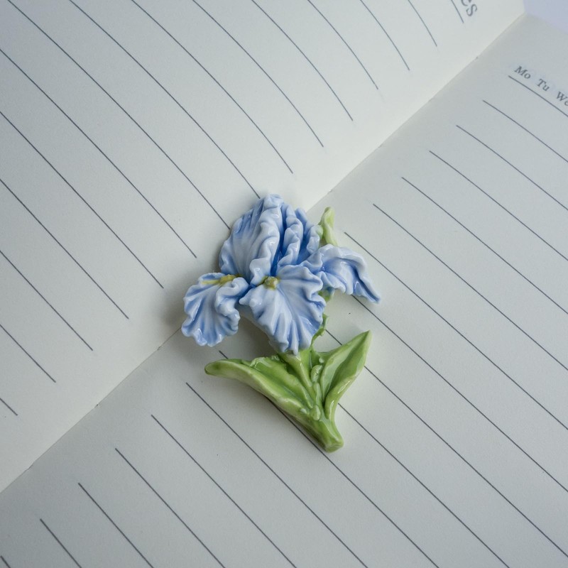1 Pc Blue Iris Fridge Magnet, Handmade 3D Ceramic Flower