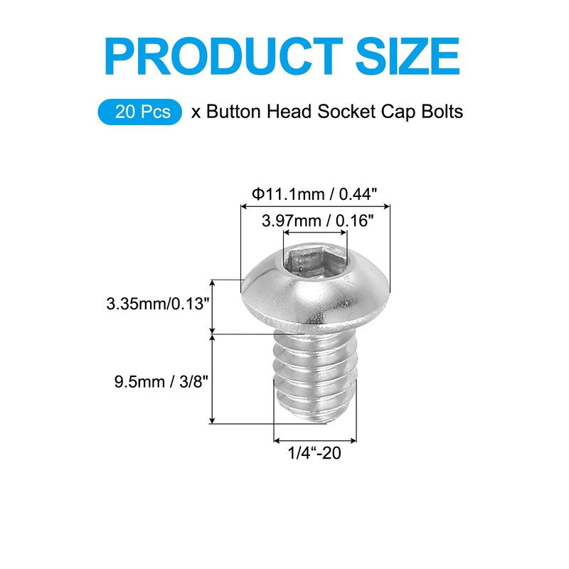 PATIKIL 20pcs 1/4-20x3/8" Hex Socket Head Cap Bolts 304 Stainless