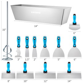 KEZERS Drywall Hand Tool Kit, 14 Pieces Stainless Steel 1.5" 2" 4" 5" 6" Putty Knife, 8" 10" 12" 14" Taping Knife, 14" Mud Pan, 6" Bucket Scoop, 11-in-1 Paint Scraper, 16" Mud Mixer & Tool Bag