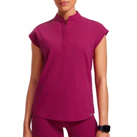 POPVIOLET 4-Way Stretch Scrub Tops for Women - 2 Pockets Mandarin Collar Shirttail Hem Medical Work Scrub Shirts Magenta Purple Small