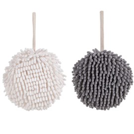 Hand Towels - 2 Pieces Soft Chenille Hanging Coral Velvet Towel for Bathroom Kitchen, Microfiber Quick Dry Super Absorbent Hand Towel Ball with Hanging Loop (White & Grey)