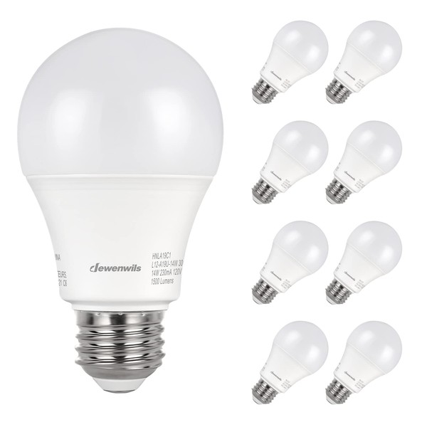 DEWENWILS 8-Pack A19 LED Light Bulb, 1500LM, 5000K Daylight LED Light Bulbs, 14 Watt(100 Watt Equivalent), E26 Medium Screw Base, Non Dimmable, UL Listed