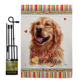 Dark Golden Retriever Happiness Garden Flag Set with Stand Animals Dog Puppy Spoiled Paw Canine Fur Pet Nature Farm Animal Creature Small Gift Yard House Banner Double-Sided Made In USA 13 X 18.5