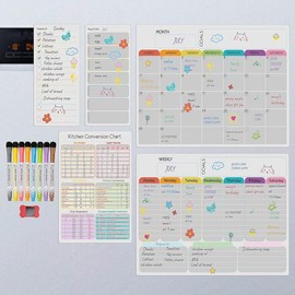 Hivillexun Magnetic Dry Erase Calendar Whiteboard Set (5-Pack) for Refrigerator, Wall, and Fridge Organization with Monthly, Weekly, and Daily Notepads. Comes with 8 Markers and 1 Eraser
