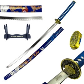 Bishamon 42 1/2" Samurai Sword Carbon Blade Dragon Scabbard in a Variety of Colors to Choose from Also Comes with a Wooden Stand
