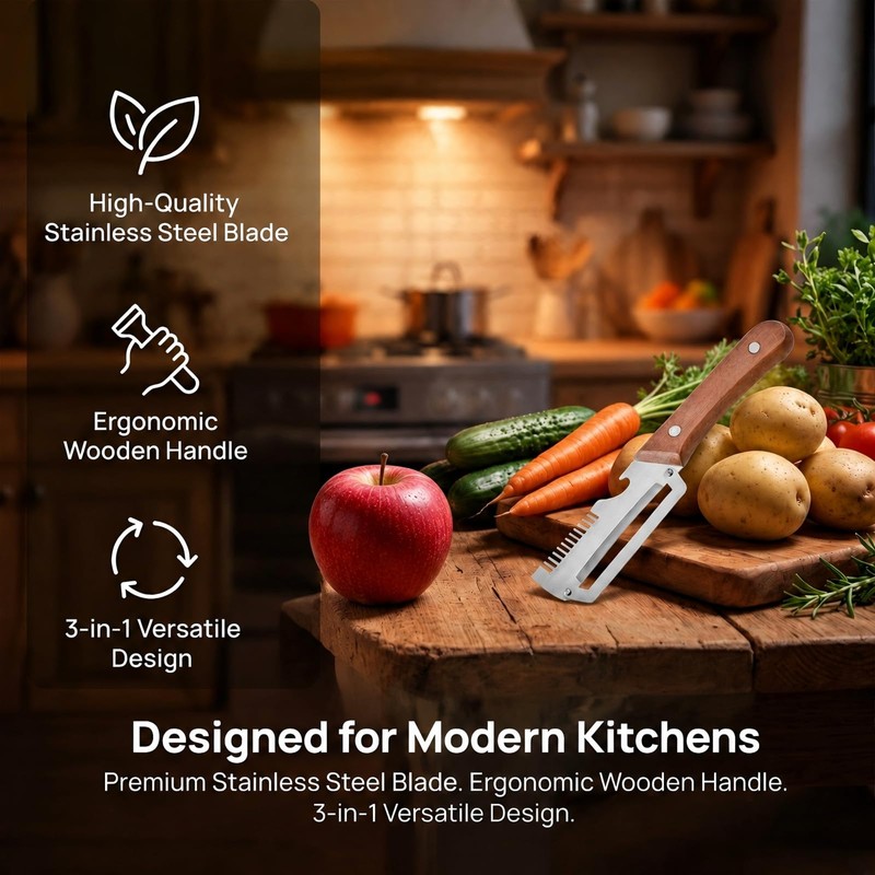 Multi-Functional Vegetable Peeler, 3 in 1 Multi Functional Wooden Handle
