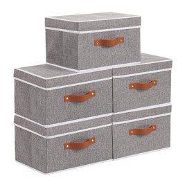 YheenLf Fabric Storage Bins with Lids, Linen Foldable Clothes Boxes, Closet Organizer Containers with Double Handles, Baskets for Bedroom, Grey, 5 Pack, 13 x 9.1 x 7.9 Inch