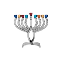 Legacy Judaica Nickelplated Chanukah Menorah with Colorful Cups - Nickel platedl, Classic Branch Menora Style - for Standard Hanukah Candles – 8.5" Long 9" Tall x 2.75" Wide