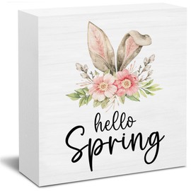 Spring Decorations, Hello Spring Easter Bunny Floral Wooden Block Sign, Spring Decorations Indoor, Spring Easter Decor for Desk Table Shelf, 5 X 5 Inches