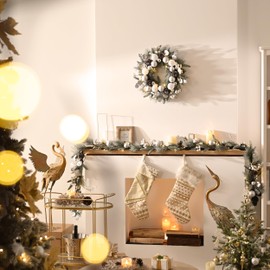 Valery Madelyn 6 feet Pre-Lit Christmas Garland with Light for Mantle, Lighted Battery Operated Xmas Garland with Silver White Ball for Front Door Fireplace Table Centerpiece Outdoor Window Home Decor