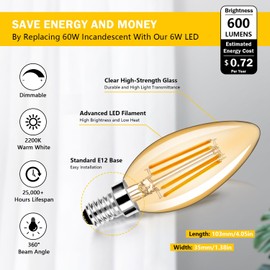 24-Pack Dimmable E12 LED Candelabra Bulbs 60W Equivalent, 2200K Soft Warm White, 600 Lumens B11 Candle Base 6W C35 LED Filament Vintage Light Bulbs, Amber Glass for Chandelier Ceiling Fan High CRI 90+