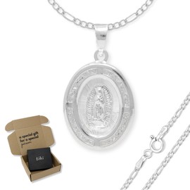 Collar con Medalla de la Virgen de Guadalupe en Plata Esterlina 925 y Zirconias para Dama Cadena Figaro 3x1 de 45 Cm y 2mm Cadena de Plata para Dama - FALÚ JOYERÍA