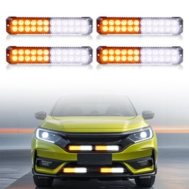 Nrgedzam 4PCS Amber White 24-LED Surface Mount Flashing Emergency Strobe Lights for Truck Car Vehicles Mini Grille Lights Beacon Safety Warning Slim Strobe Lights for Trucks Car ATV, Sync Feature