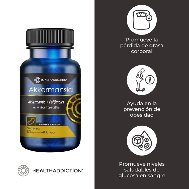 HEALTHADDICTION - 2 Pack Akkermansia Suplemento Alimenticio con Resveratrol y
