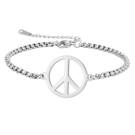 LIKGREAT Adjustable World Peace Symbol Bracelet for Women Stainless Steel Pendant Box Chain 1970s Jewelry (silver)