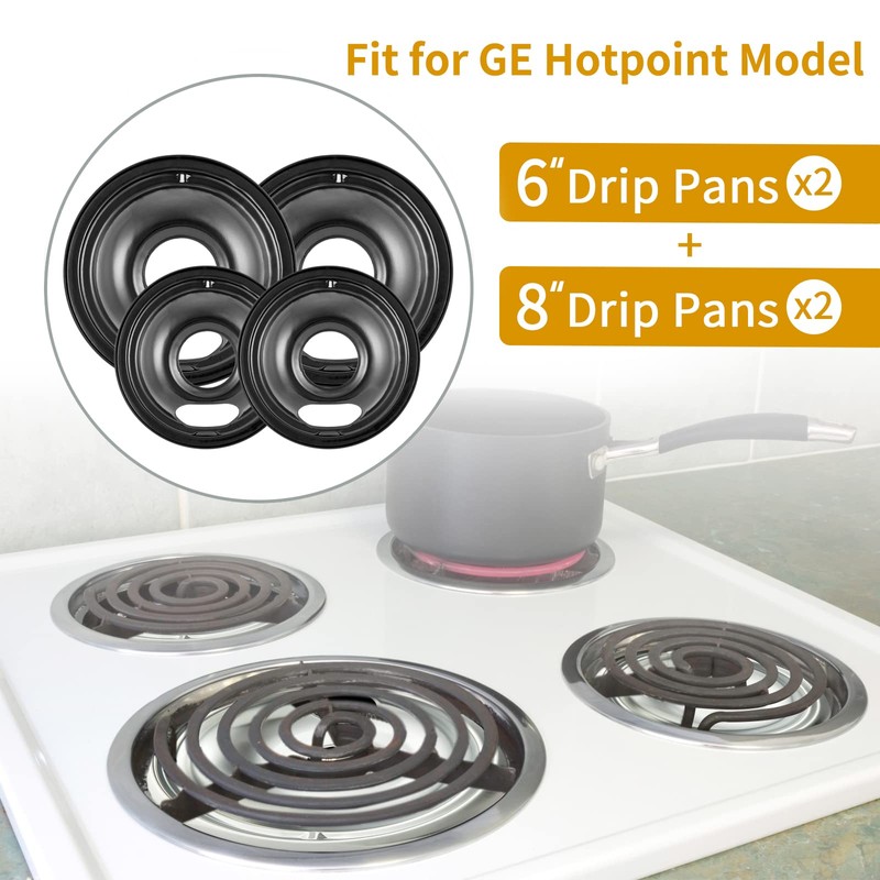 4 Pack Black Cooktop Drip Pans, Compatible with GE Hotpoint