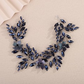 Teyglen Flower Crystal Wedding Headband Ink Blue Rhinestone Hair Vine for Bride Wedding Hair Accessories Bridal Headpiece for Women Hair Piece (Ink blue, Free size)