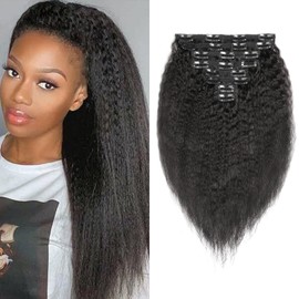 EINbeauty Kinky Straight Clip-In Real Hair Extensions, 8 Pieces, 120 g, Invisible Real Hair Clip Extensions, Natural Black Human Hair Clip-In for Black Women, 16 Inch Hair Extensions